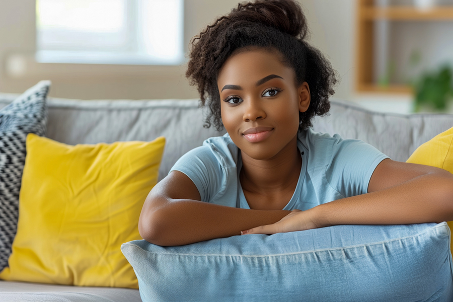 woman sitting on couch smiling